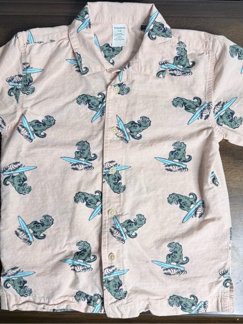 Thereabouts Boys Size 8 Surfing Dinosaur Button Up Shirt
